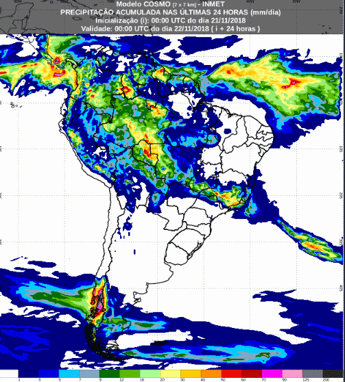 Mapa com a previsão de precipitação acumulada para até 72 horas (22/11 a 24/11) em todo o Brasil - Fonte: Inmet