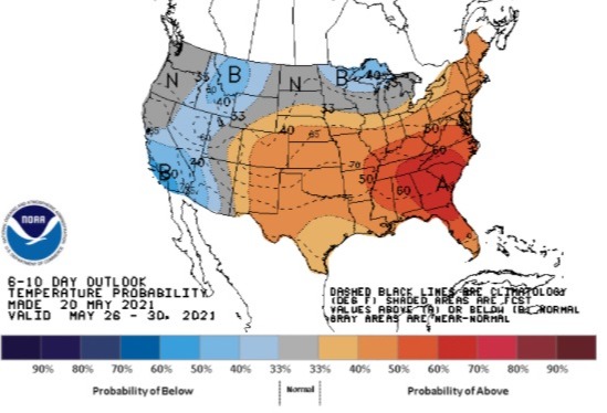Temperaturas EUA 6 a 10 dias - Fonte: NOAA