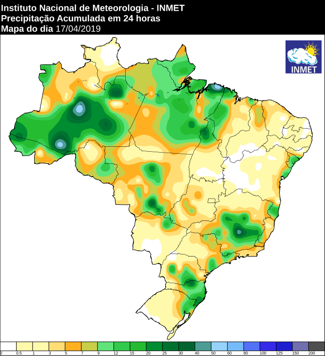 Mapa das áreas com precipitação acumulada nas últimas 24 horas - Fonte: Inmet