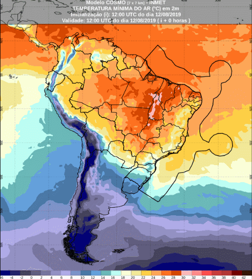 Mapa com a previsão de temperatura mínima para até 93 horas (12/08 a 16/08) em todo o Brasil - Fonte: Inmet