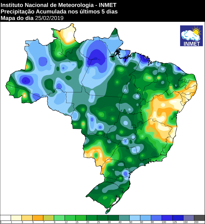 Mapa de precipitação acumulada nos últimos 5 dias em todo o país - Fonte: Inmet