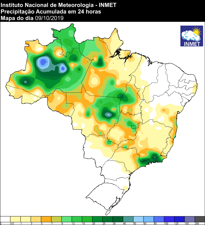 Mapa de precipitação acumulada das últimas 24 horas em todo o Brasil - Fonte: Inmet
