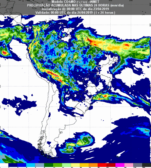Mapa com a previsão de precipitação acumulada para até 93 horas (24/04 a 26/04) em todo o Brasil - Fonte: Inmet