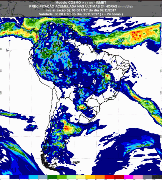 Mapa com a previsão de precipitação acumulada para até 54 horas (08/11 a 09/11) para todo o Brasil - Fonte: Inmet