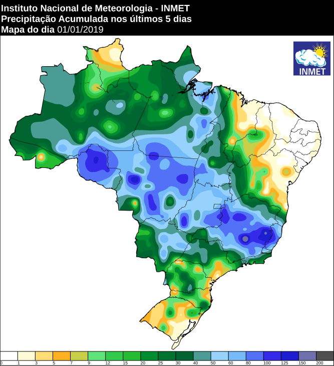 Mapa com a precipitação acumulada em todo o Brasil nos próximos 5 dias - Fonte: Inmet