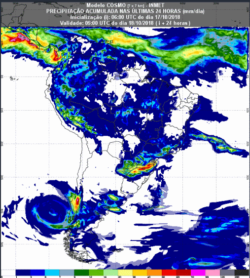 Mapa com a previsão de precipitação acumulada para até 72 horas (18/10 a 20/10) em todo o Brasil - Fonte: Inmet