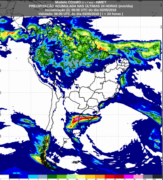 Mapa com a previsão de precipitação acumulada para até 72 horas (03/05 a 06/05) para todo o Brasil - Fonte: Inmet