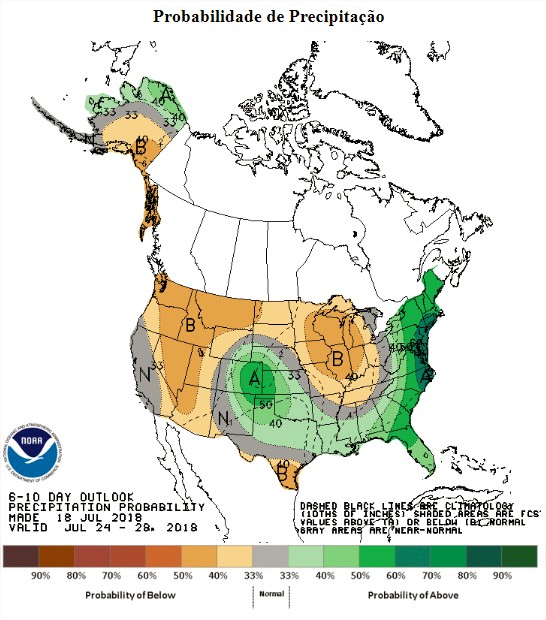 Previsão de chuvas nos EUA entre os dias 24 a 28 de julho - Fonte: NOAA