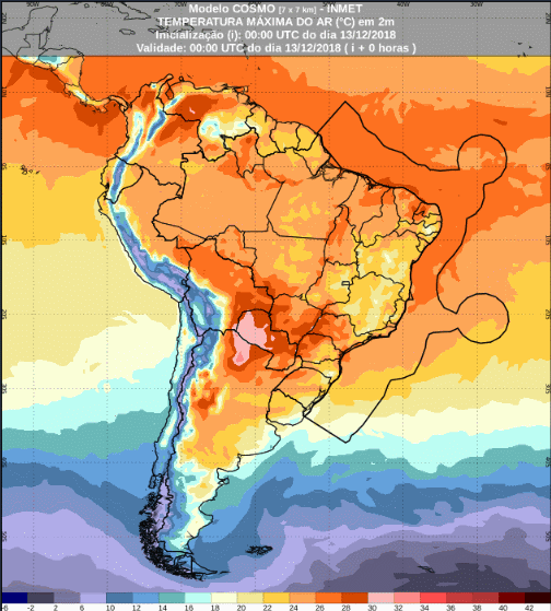 Mapa com a previsão de temperatura mínima até 72 horas (13/12 a 16/12) em todo o Brasil - Fonte: Inmet