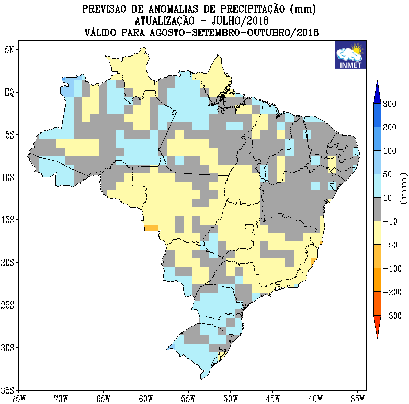 Mapa de previsão de anomalias de precipitação nos próximos meses em todo o Brasil - Fonte: Inmet