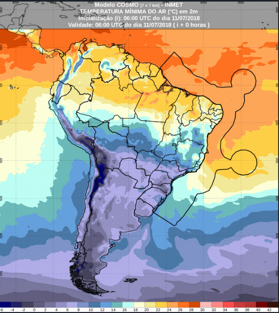 Mapa com a previsão de temperatura mínima para até 42 horas (12/07 a 14/07) em todo o Brasil - Fonte: Inmet