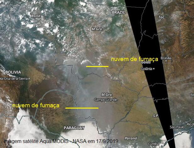 Fumaça sobre Mato Grosso e Mato Grosso do Sul em 17/9/2019 - Fonte: Climatempo