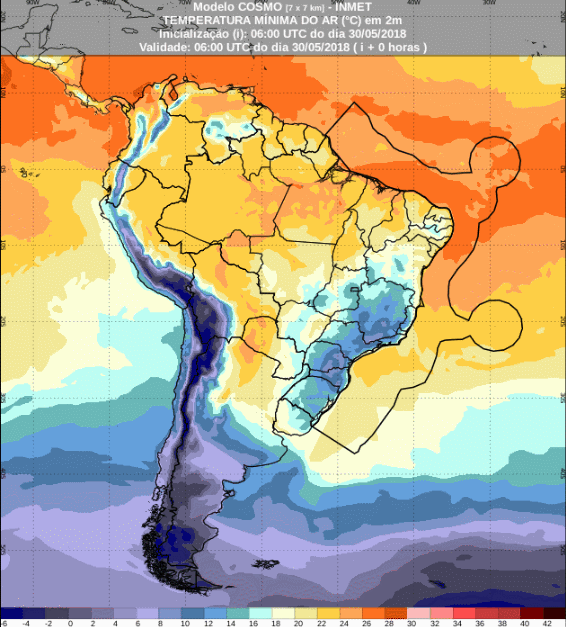 Mapa com a previsão de temperaturas mínimas para até 72 horas (31/05 a 02/06) em todo o Brasil - Fonte: Inmet