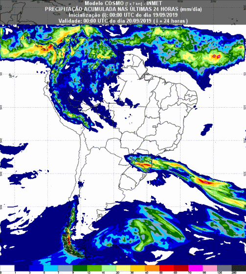 Mapa com a previsão de precipitação acumulada para até 93 horas (20/09 a 22/09) em todo o Brasil - Fonte: Inmet