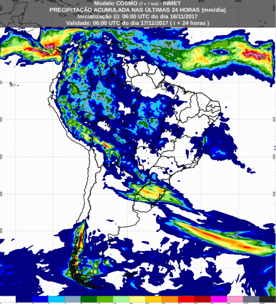 Mapa com a previsão de precipitação acumulada para até 72 horas (17/11 a 19/11) para todo o Brasil  - Fonte: Inmet