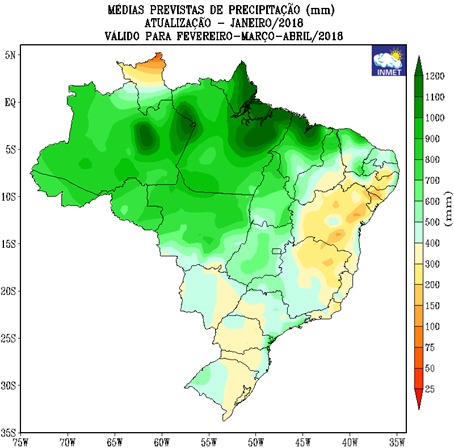 Mapa com as médias previstas de precipitação para os próximos três meses em todo o Brasil - Fonte: Inmet