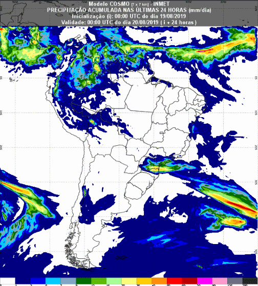 Mapa com a previsão de precipitação acumulada para até 93 horas (20/08 a 22/08) em todo o Brasil - Fonte: Inmet