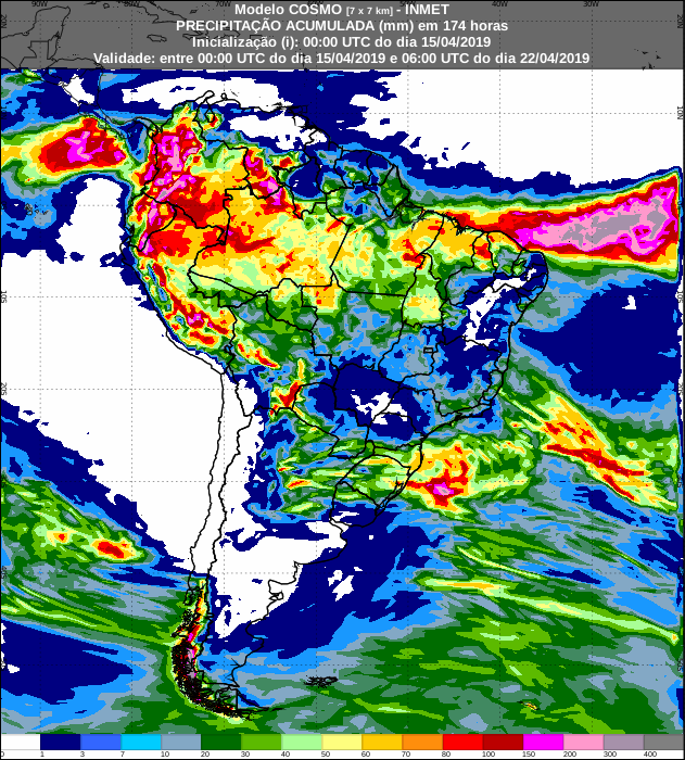 Mapa de precipitação acumulada dos próximos 7 dias no Brasil - Fonte: Inmet