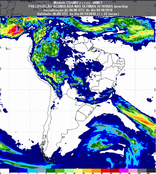 Mapa com a previsão de precipitação acumulada para até 72 horas (05/10 a 07/10) em todo o Brasil - Fonte: Inmet