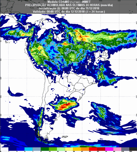 Mapa com a previsão de precipitação acumulada para até 174 horas (12/12 a 18/12) em todo o Brasil - Fonte: Inmet