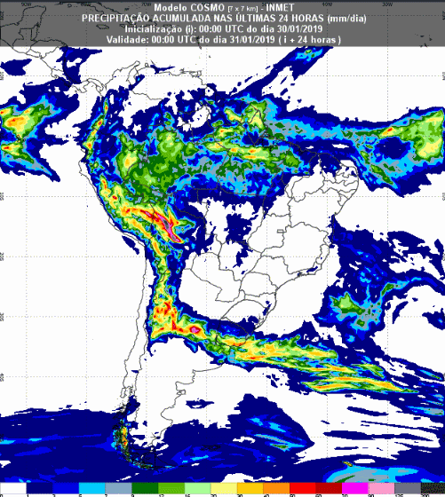 Mapa com a previsão de precipitação acumulada para até 174 horas (31/01 a 06/02) em todo o Brasil - Fonte: Inmet