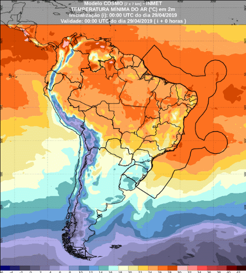 Mapa com a previsão de temperatura mínima para até 93 horas (29/04 a 02/05) em todo o Brasil - Fonte: Inmet
