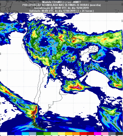 Mapa com a previsão de precipitação acumulada para até 72 horas (17/04 a 19/04) em todo o Brasil - Fonte: Inmet