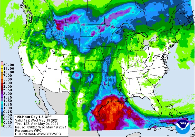 Chuvas nos EUA 19 a 24 de maio - Fonte: NOAA