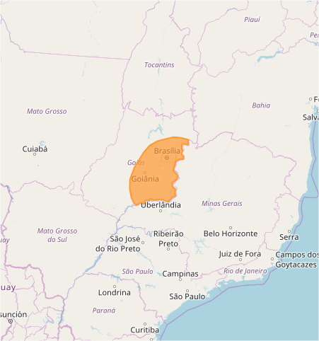 Mapa das áreas com previsão de alto acumulado de chuva nesta 6ª feira / GO -  Fonte: Inmet