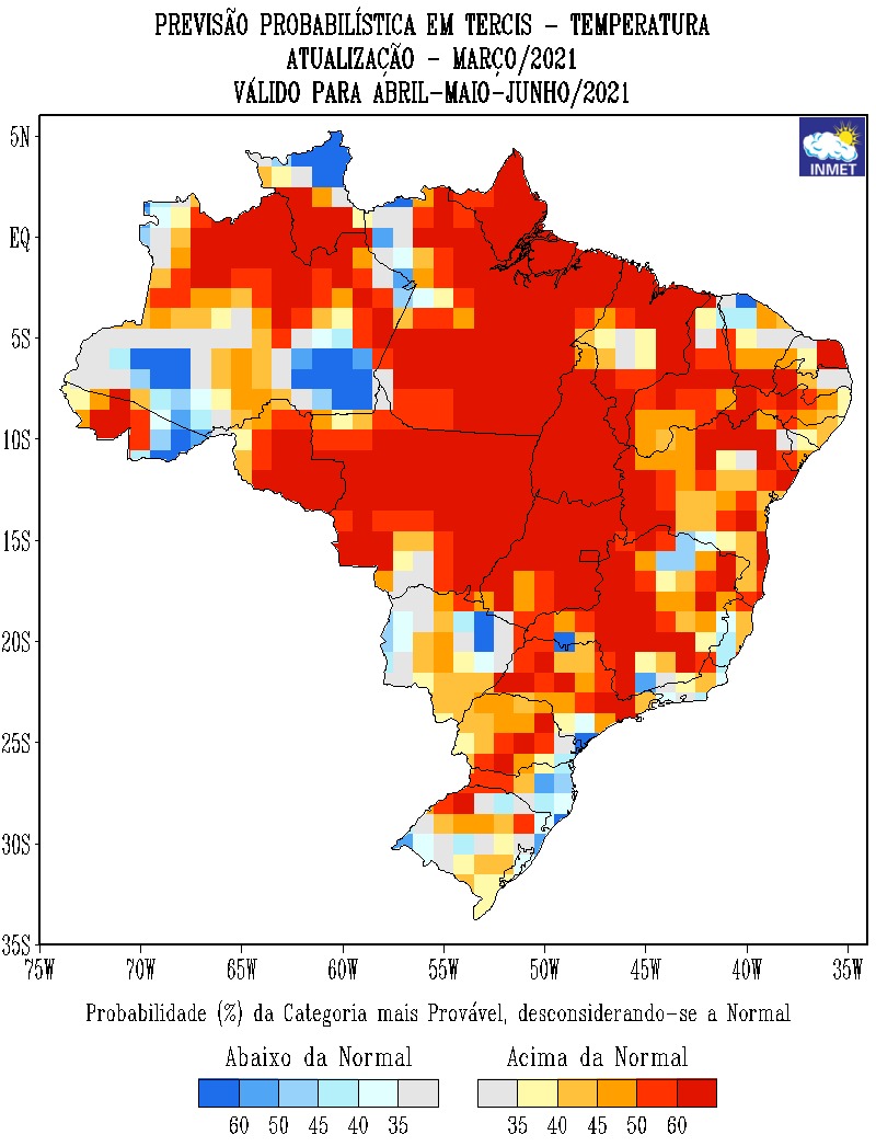 Mapa de previsão probabilística de temperatura em todo o Brasil - abril, maio e junho - Fonte: Inmet