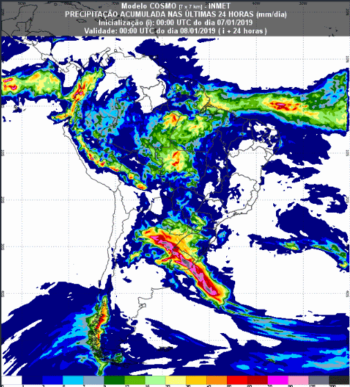 Mapa com a previsão de precipitação acumulada para até 174 horas (08/01 a 14/01) em todo o Brasil - Fonte: Inmet
