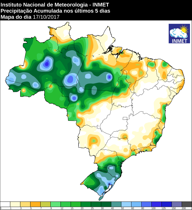 Mapa com a precipitação acumulada dos últimos cinco dias para o todo do Brasil - Fonte: Inmet