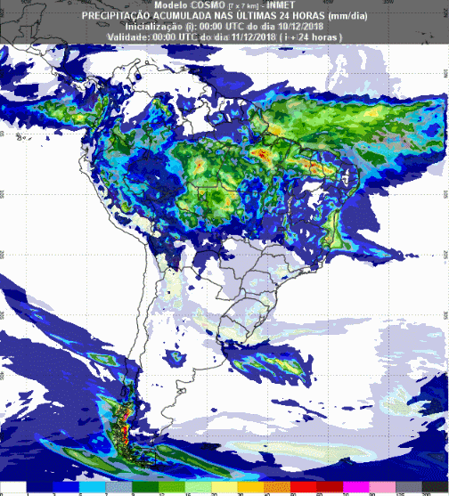 Mapa com a previsão de precipitação acumulada para até 174 horas (11/12 a 17/12) em todo o Brasil - Fonte: Inmet