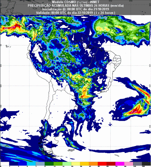 Mapa com a previsão de precipitação acumulada para até 93 horas (22/10 a 24/10) em todo o Brasil - Fonte: Inmet
