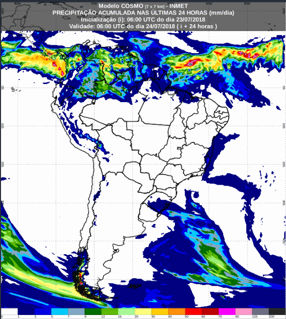 Mapa com a previsão de precipitação acumulada para até 72 horas (24/07 a 26/07) em todo o Brasil - Fonte: Inmet