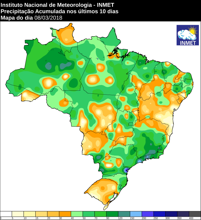 Mapa de precipitação acumulada nos últimos dez dias em todo o Brasil - Fonte: Inmet