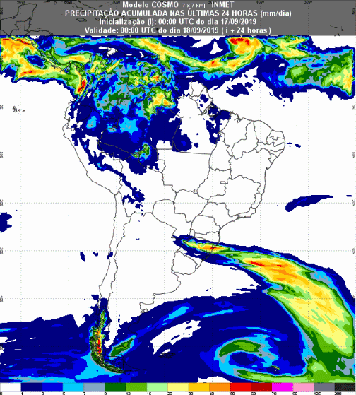Mapa com a previsão de precipitação acumulada para até 93 horas (18/09 a 20/09) em todo o Brasil - Fonte: Inmet