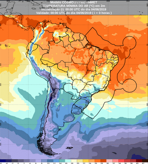 Mapa com a previsão de temperatura mínima para até 93 horas (04/06 a 07/06) em todo o Brasil - Fonte: Inmet