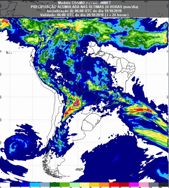 Mapa com a previsão de precipitação acumulada para até 72 horas (20/10 a 22/10) em todo o Brasil - Fonte: Inmet