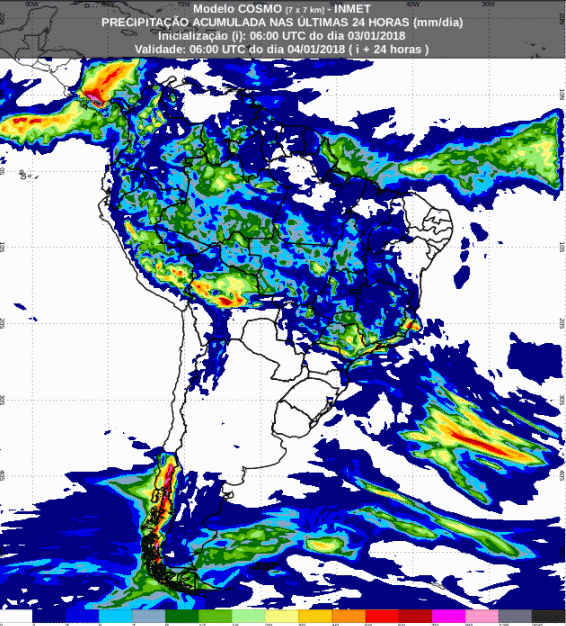 Mapa com a previsão de precipitação acumulada para até 72 horas (04/12 a 06/12) para todo o Brasil - Fonte: Inmet