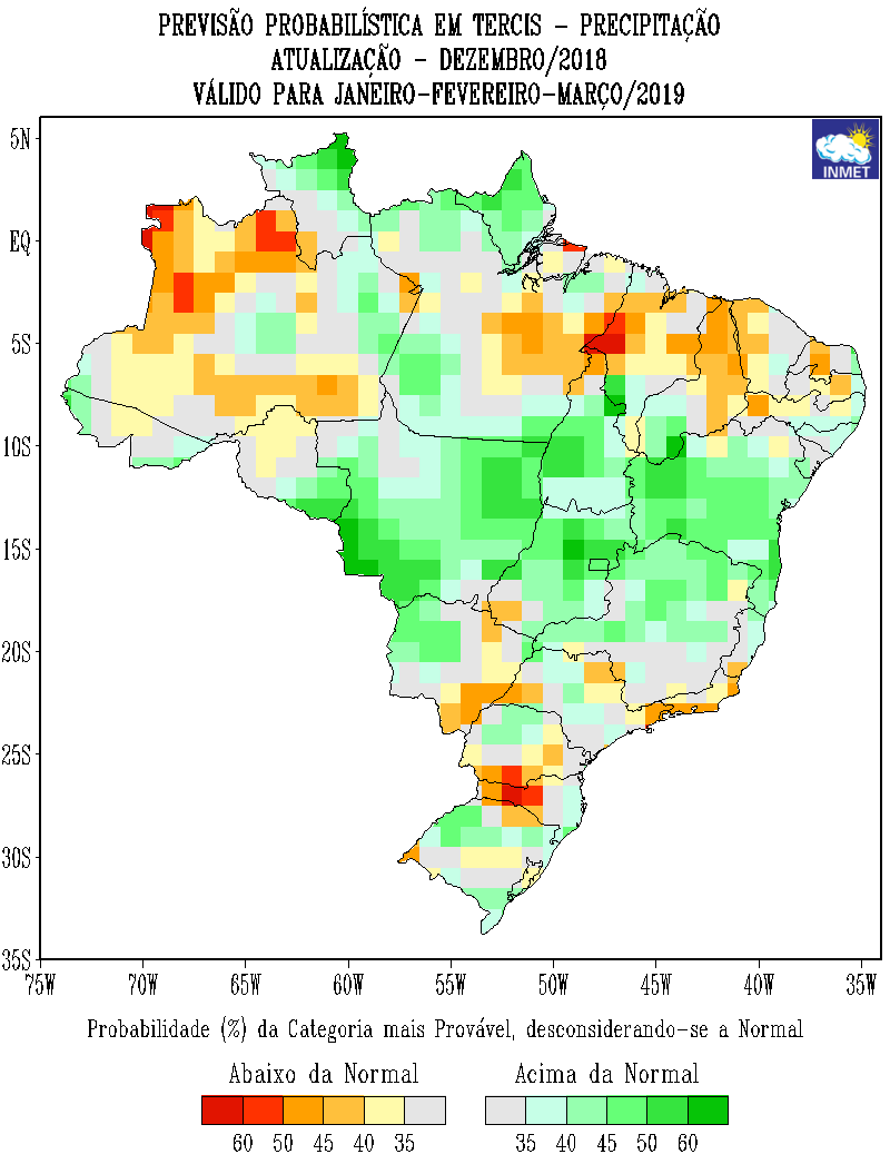 Mapa de previsão probabilística para todo o Brasil em janeiro, fevereiro e março - Fonte: Inmet