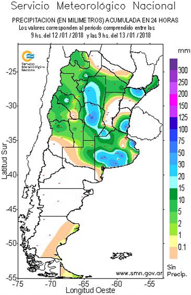Chuvas acumuladas entre as 9h de sexta-feira (12) e 9h de sábado (13) na Argentina