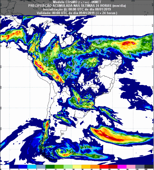 Mapa com a previsão de precipitação acumulada para até 174 horas (09/01 a 15/01) em todo o Brasil - Fonte: Inmet