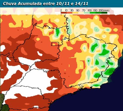 Previsão de chuva acumulada entre 10 e 14/11 no ES - Climatempo
