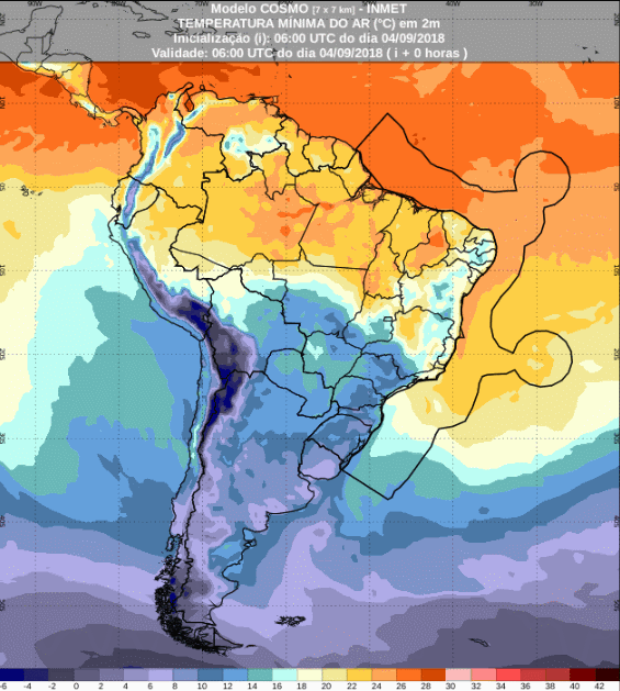 Mapa com a previsão de temperaturas mínimas para até 72 horas (05/09 a 07/09) em todo o Brasil - Fonte: Inmet