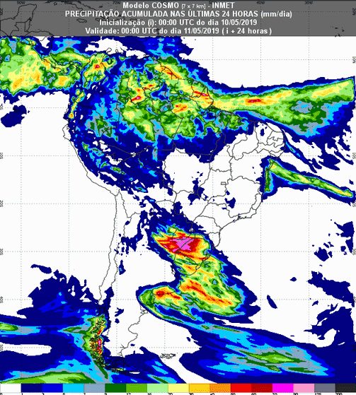 Mapa com a previsão de precipitação acumulada para até 93 horas (11/05 a 14/05) em todo o Brasil - Fonte: Inmet