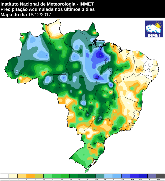Mapa de precipitação acumulado dos últimos três dias em todo o Brasil  - Fonte: Inmet