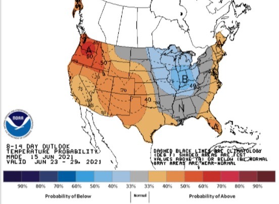 Temperaturas nos EUA 23 a 29 de junho - Fonte: NOAA