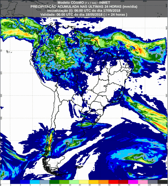 Mapa com a previsão de precipitação acumulada para até 72 horas (18/05 a 20/05) para todo o Brasil - Fonte: Inmet