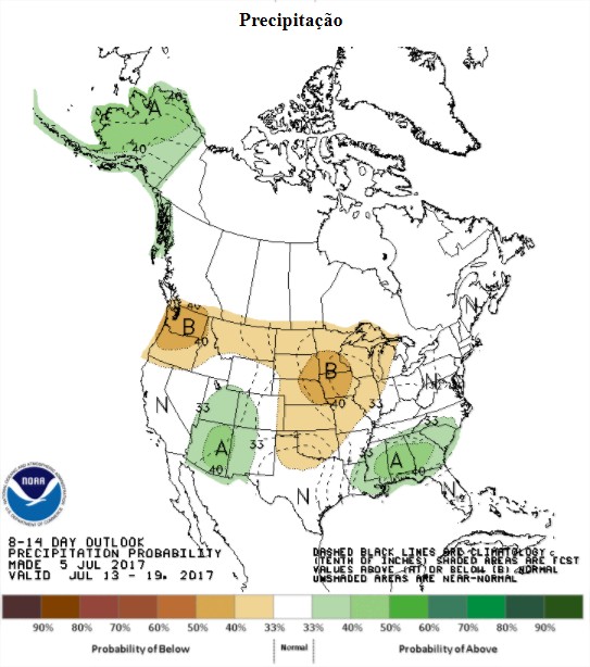 Precipitações nos EUA nos próximos 8 a 14 dias - Fonte: NOAA